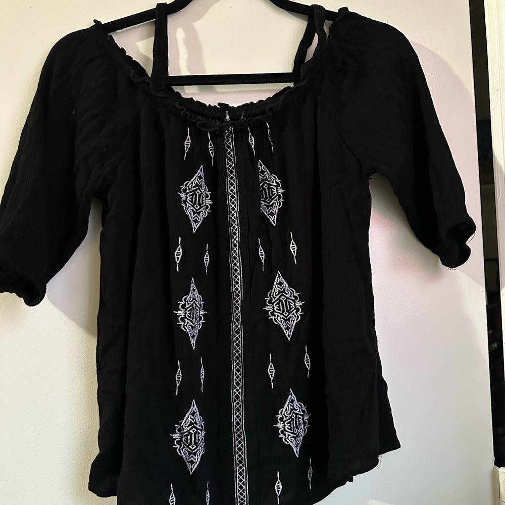 & Other Stories Black Blouse with White Embroidery